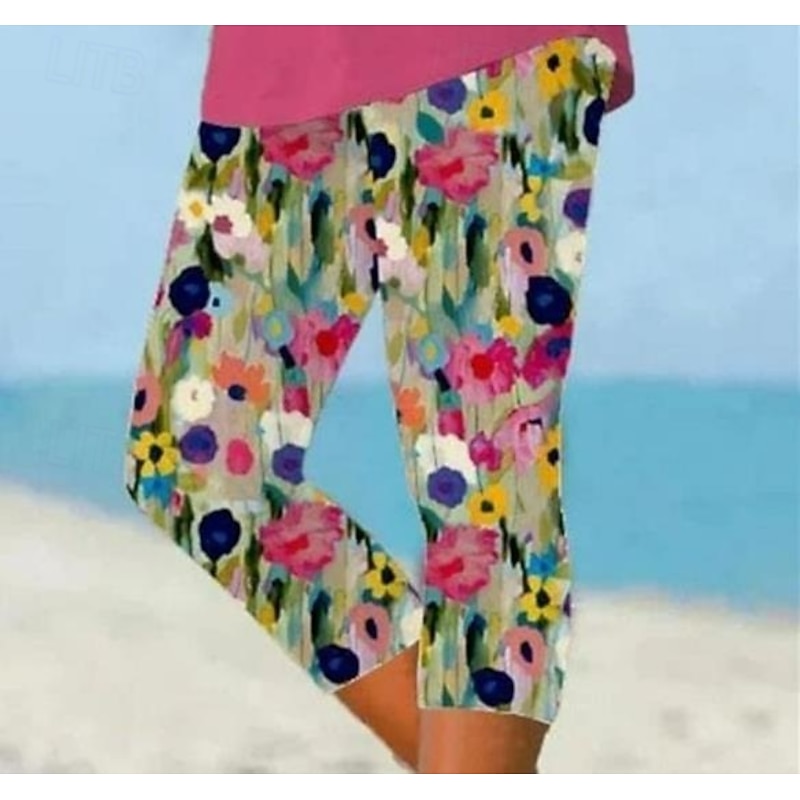Women's Leggings Capri Pants High Elasticity Vacation Fashion Hawaiian Ankle-Length Mid Waist Floral Printing Thermal Warm Breathable Soft  Vacation Casual Daily Rainbow Summer Spring Regular Fit2
