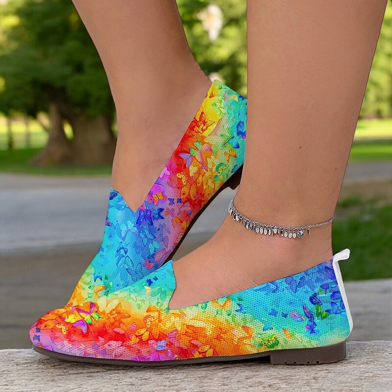 Rainbow Gradient Butterfly Print Knit Flats, Perfect for Casual Outings, Summer Events, and Outdoor Festivals3