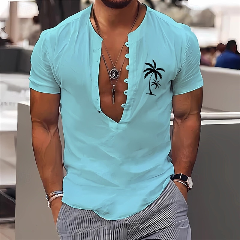 Men's Shirt Minimalist Aloha Shirt Popover Shirt Summer Shirt Casual Shirt Beach Shirt Black White Light Green Blue khaki Short Sleeve Classic Band Collar Henley Vacation Hawaiian Buckle Clothing4