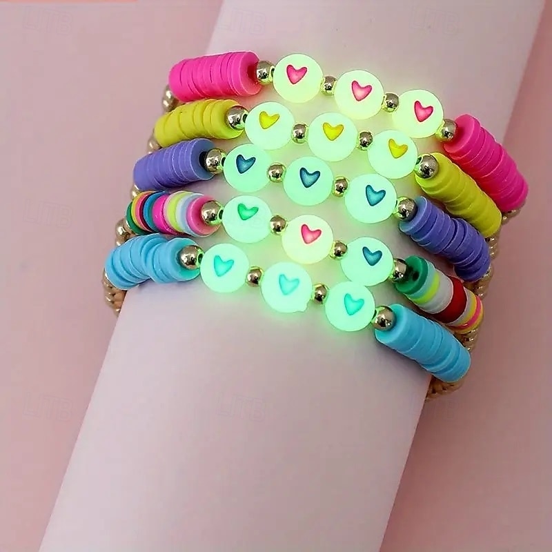 12pcs Glow-in-the-Dark Heart-Shaped Beads Soft Clay CCB Elastic Bracelet Set, Mixed Color, Fashion