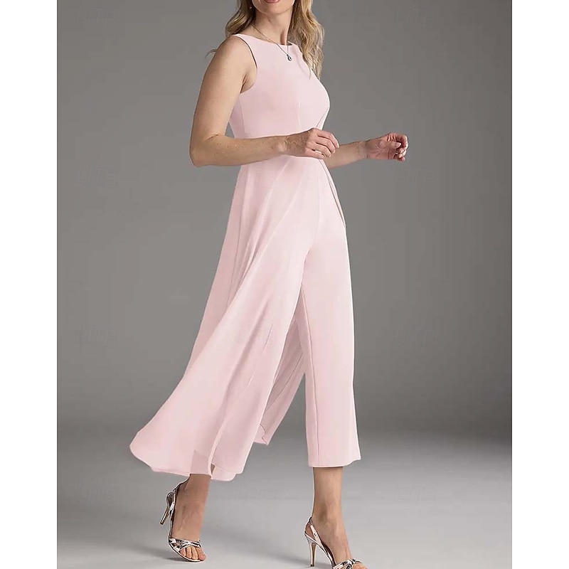 Jumpsuit Mother of the Bride  Wedding Guest Elegant Simple Minimalist Jewel Neck Ankle Length Polyester Sleeveless with Pleats Ruching Solid Color2