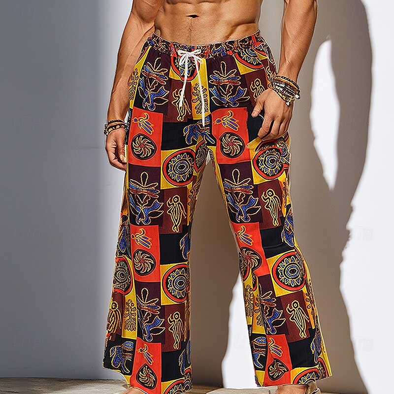 Men's Patchwork Ethnic Trousers Baggy Pants Casual Pants Mid Waist Vintage Retro Tribal Vacation Holiday Beach Wear Drawstring Elastic Waist Wide Leg Summer Spring 3D Print Brown