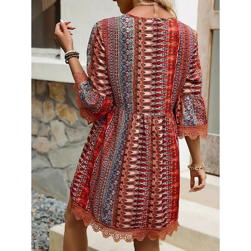 Women's Mini Dress Petite Dress Casual Dress Boho Dress Stylish Casual Vacation Daily Regular Fit Graphic Geometric 3/4 Length Sleeve V Neck Pink Red Blue Summer2