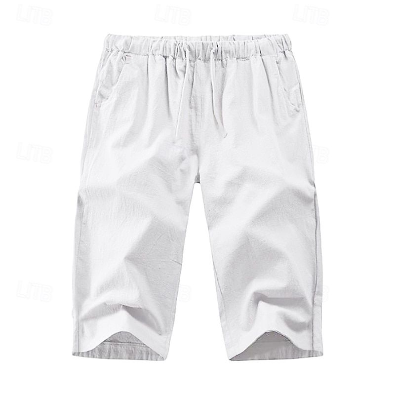 Men's Shorts Linen Shorts Summer Shorts Beach Shorts Capri Pants Pocket Drawstring Elastic Waist Plain Comfort Breathable Calf-Length Outdoor Home Daily Fashion Classic Style Black White2