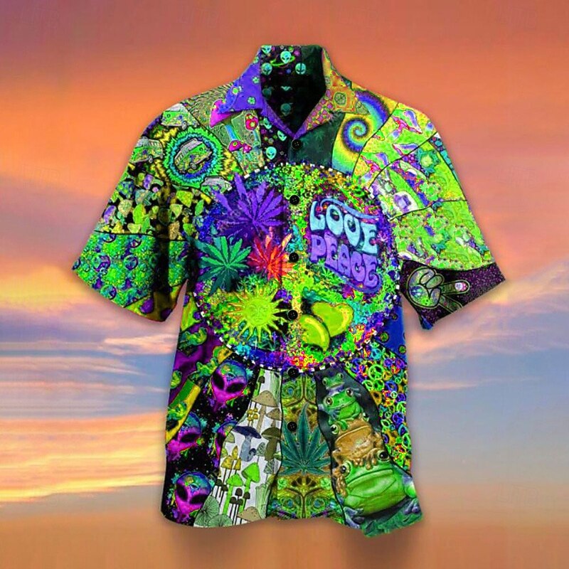 Men's Colorful Mushroom Tropical Plants Shirt Summer Hawaiian Shirt Camp Collar Shirt Short Sleeve Shirt Turndown Designer Beach Holiday Light Green Blue Purple 3D Print S M L3