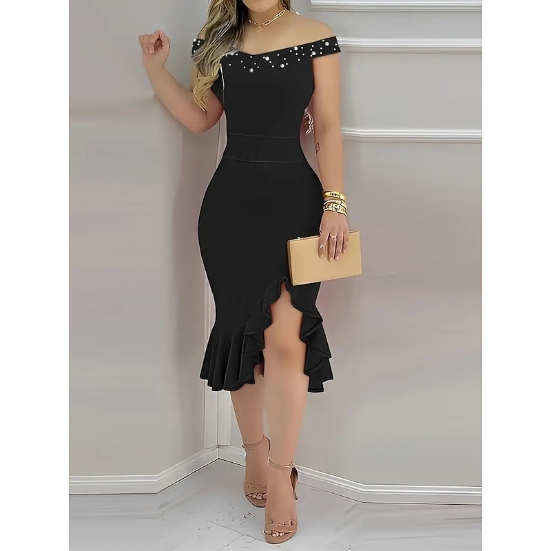 Women's Midi Dress Elegant Dress Off The Shoulder Dress Elegant Sleeveless Regular Fit Solid Color Sleeveless Off Shoulder Black Pink Red Blue Summer