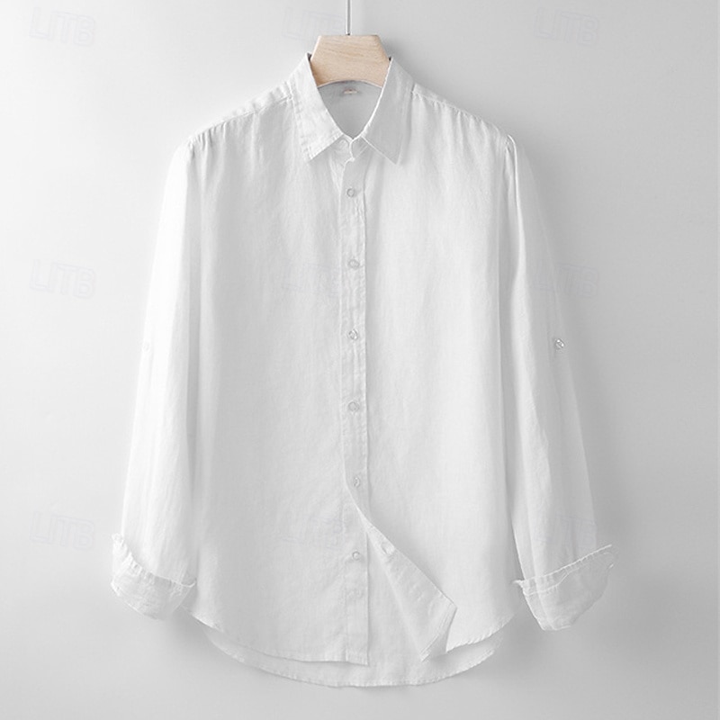 Men's Shirt Linen Shirt Casual Shirt Button Up Shirt Plain Vacation Hawaiian White Navy Blue Long Sleeve Lapel Spring Autumn / Fall Clothing Apparel Button-Down2