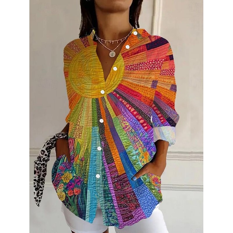 Women's Shirt Button Down Tunic Shirt Collar Long Sleeve Floral Casual Regular Tops Work Daily s Print Pink Red Blue Orange Rainbow Spring Fall4