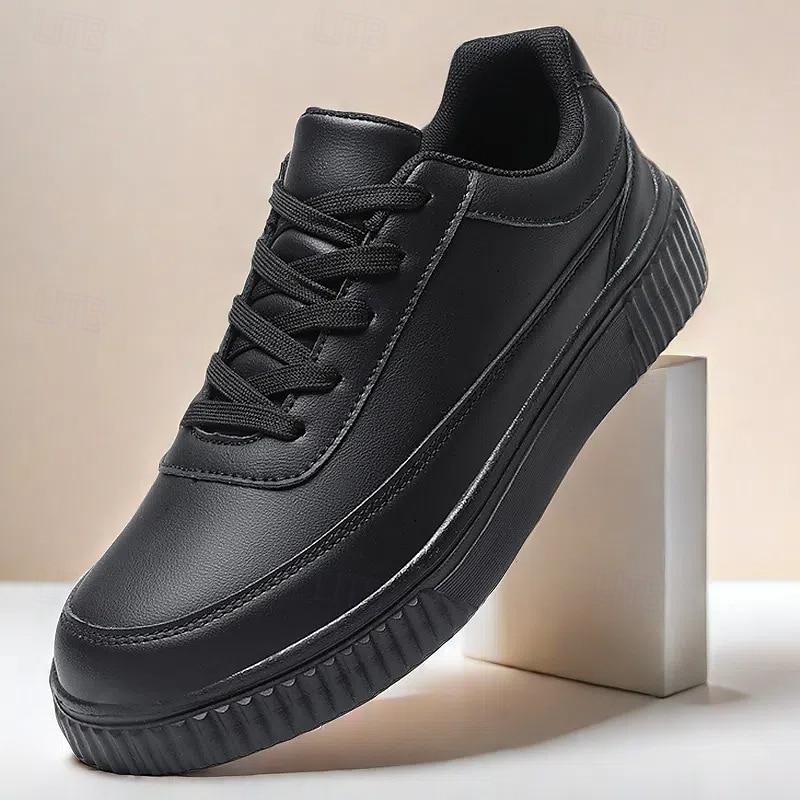 Men's Black Faux Leather Sneakers with Cushioned Sole, Comfortable Lace-Up Design for Casual and Daily Wear