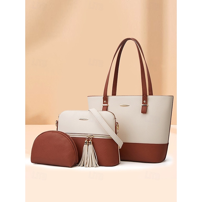 Elegant women's stylish two-tone patchwork handbag set with tassel decoration - handbag, crossbody bag and small bag - perfect for daily leisure, commuting to work