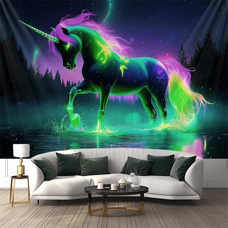 Blacklight Tapestry Glow in the Dark Glow Party UV Reactive Unicorn Animal Trippy Misty Nature Landscape Hanging Tapestry Wall Art Mural for Living Room Bedroom4
