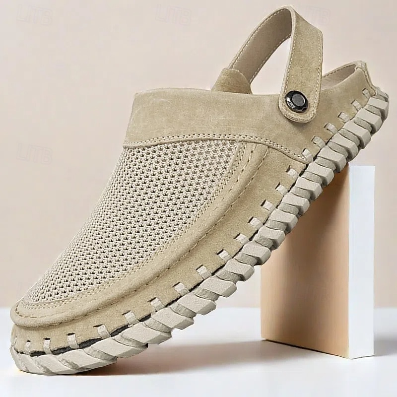 Men's Beige Slip-On Sandals with Mesh Upper, Adjustable Strap, and Comfortable Sole – Ideal for Casual Wear, Outdoor and Summer Activities