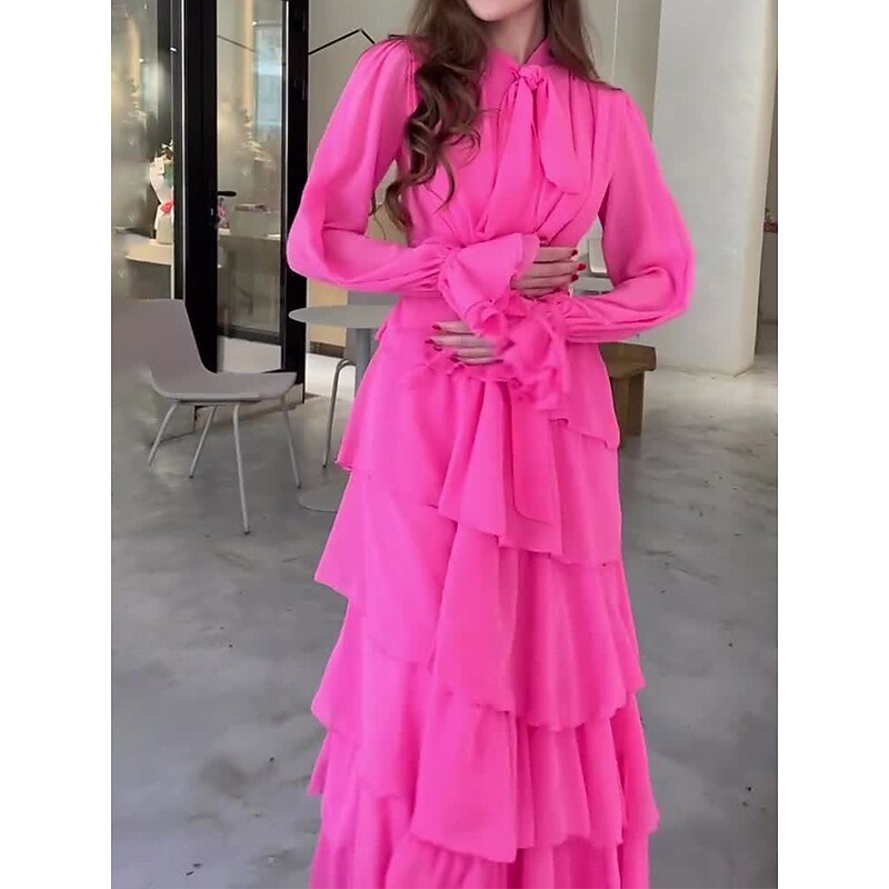 Women's Maxi Dress Cocktail Dress Wedding Guest Dress Chiffon Dress Layered Dress Basic Casual Vacation Daily Regular Fit Plain Long Sleeve Turtleneck Red Spring Fall3
