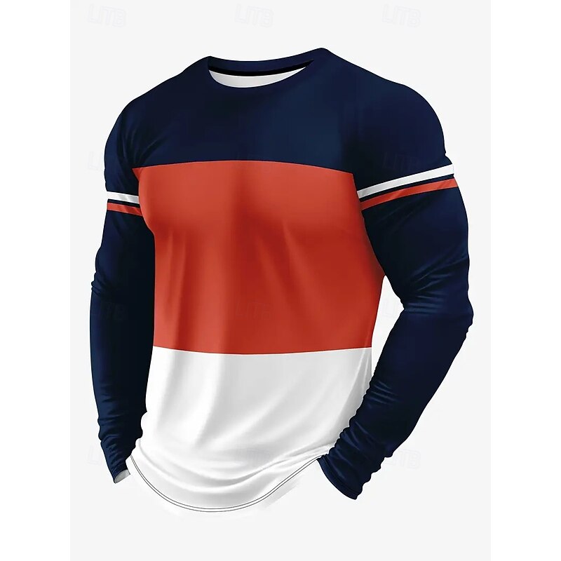 Men's Tee Tee Top Long Sleeve Shirt Long Sleeve Crewneck Spring &  Fall Stripes Fashion Designer Color Block Vacation Street Going out Orange White Top Tee for Men