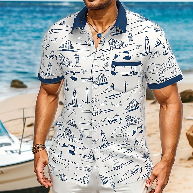 Men's Nautical Sailboat Summer Hawaiian Shirt Button Up Shirt Short Sleeve Hawaiian Vintage Retro Vacation Holiday Beach Wear Summer Spring Turndown Collared Shirts Front One Pocket White2
