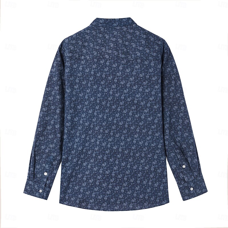Men's 100% Cotton Paisley Shirt Button Down Shirt Casual Shirt Long Sleeve Vintage Hawaiian Artistic School Performance Wedding Spring Fall Turndown Button Up Navy Blue3