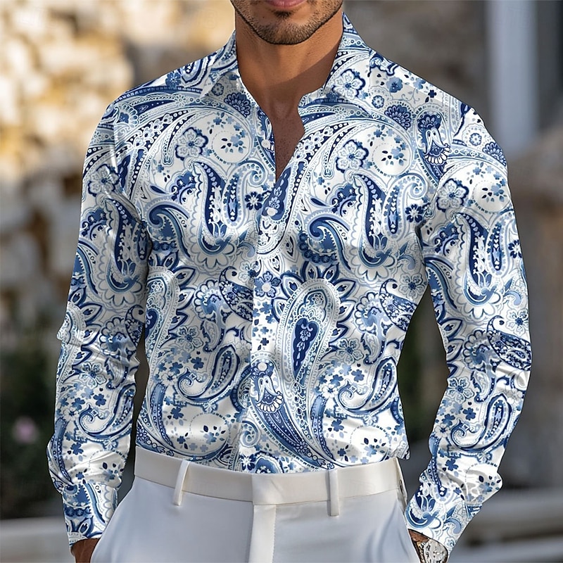 Men's Paisley Ethnic Satin Shirt Dress Shirt Button Up Shirt Long Sleeve Fashion Casual Vacation Daily Evening Party Summer Spring Fall Turndown Collared Shirts 3D Print Blue