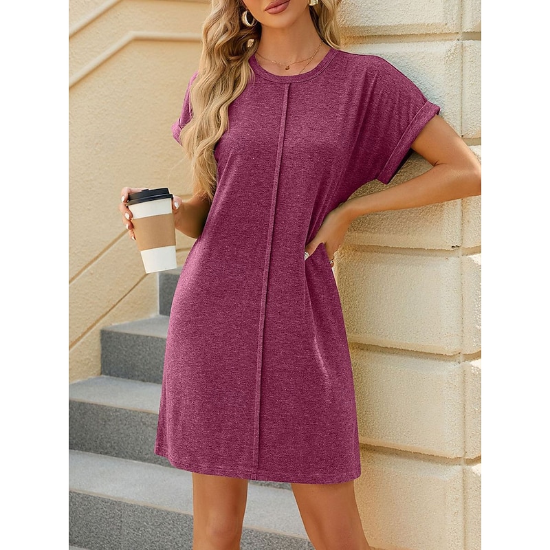 Women's Mini Dress Casual Dress A Line Dress Basic Casual Vacation Casual Daily Regular Fit Plain Short Sleeve Crew Neck Wine Green Dark Blue Gray Summer Spring