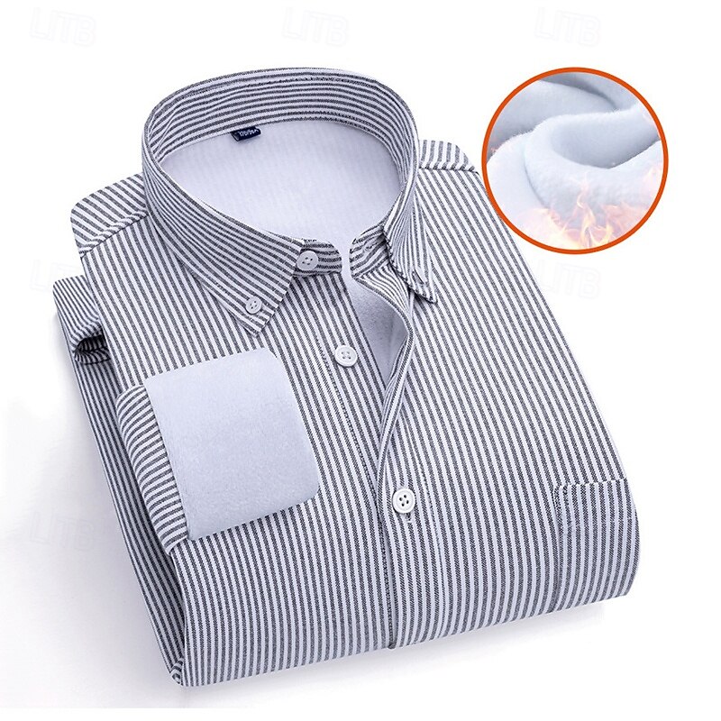 Men's Shirt Dress Shirt Button Up Shirt Striped Wedding Party White Navy Blue Blue Sky Blue Long Sleeve Lapel Fall Winter Clothing Apparel Fleece