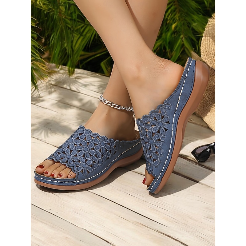 Women's White Floral Lace Slip-On Sandals – Comfortable Flat Sandals with Scalloped Edges for Summer, Beach & Casual Wear