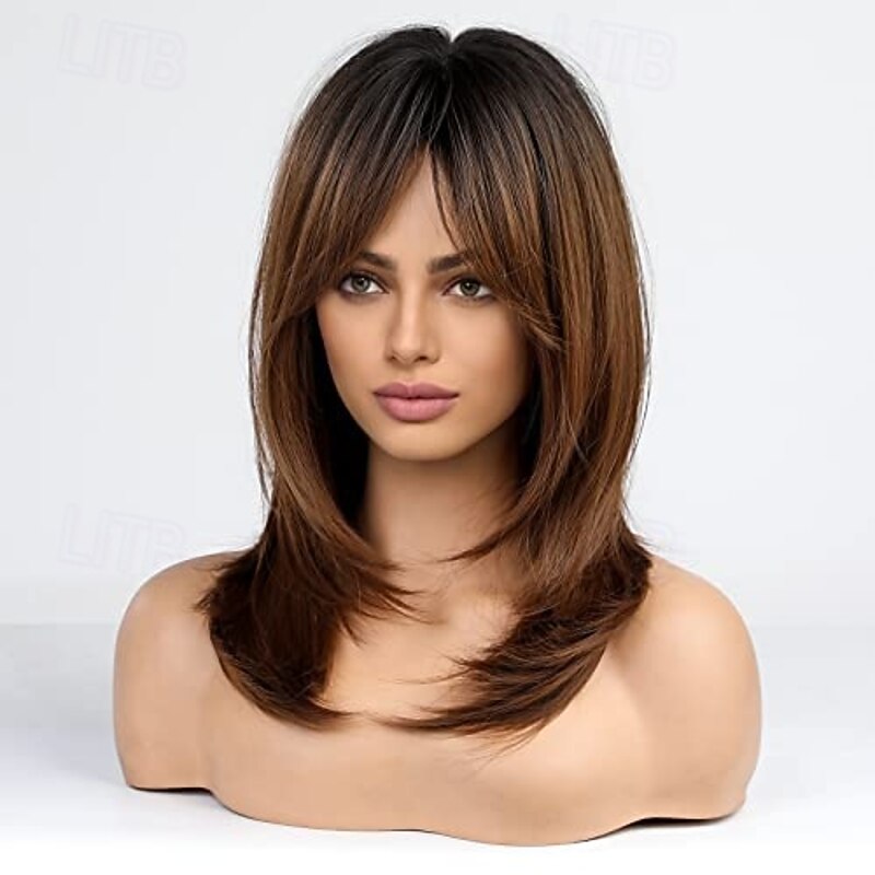 Wigs for Women Long Layered Wigs with Bangs Heat Resistant Synthetic Fibre Wigs