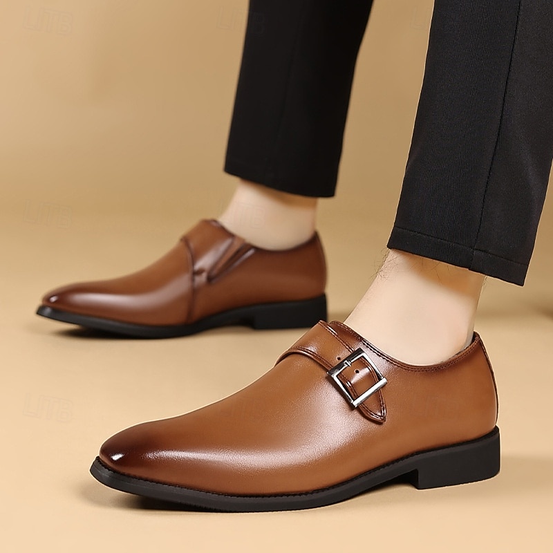Men's Premium Faux Leather Monk Strap Shoes – Classic Brown Formal Slip-On Dress Shoes with Buckle Detail, Perfect for Business and Formal Occasions3