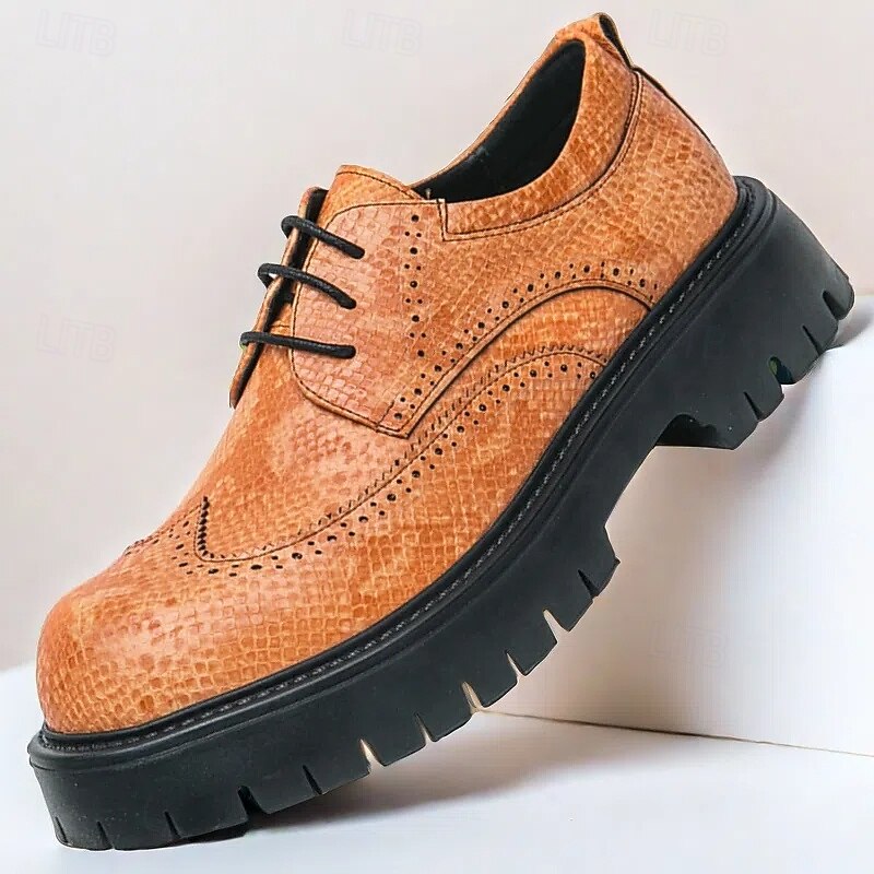 Men's Brown Brogue Shoes with Chunky Sole, Casual Faux Leather Lace-Up Sneakers with Textured Detailing, Perfect for Outdoor and Everyday Wear3
