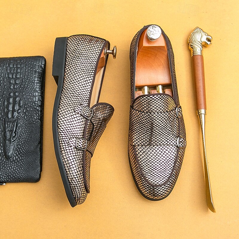 Men's Designer Loafers with Double Buckle, Textured Mesh Upper, Stylish Casual Shoes for Work and Special Occasions3