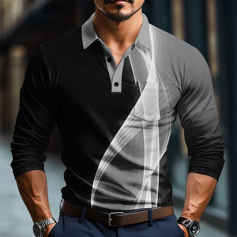 Men's Geometic Line Polo Long Sleeve Polo Shirts Collared Shirts Business Casual Business Athleisure Daily Wear Buttons 3D Print Spring Fall Winter Black Blue Orange