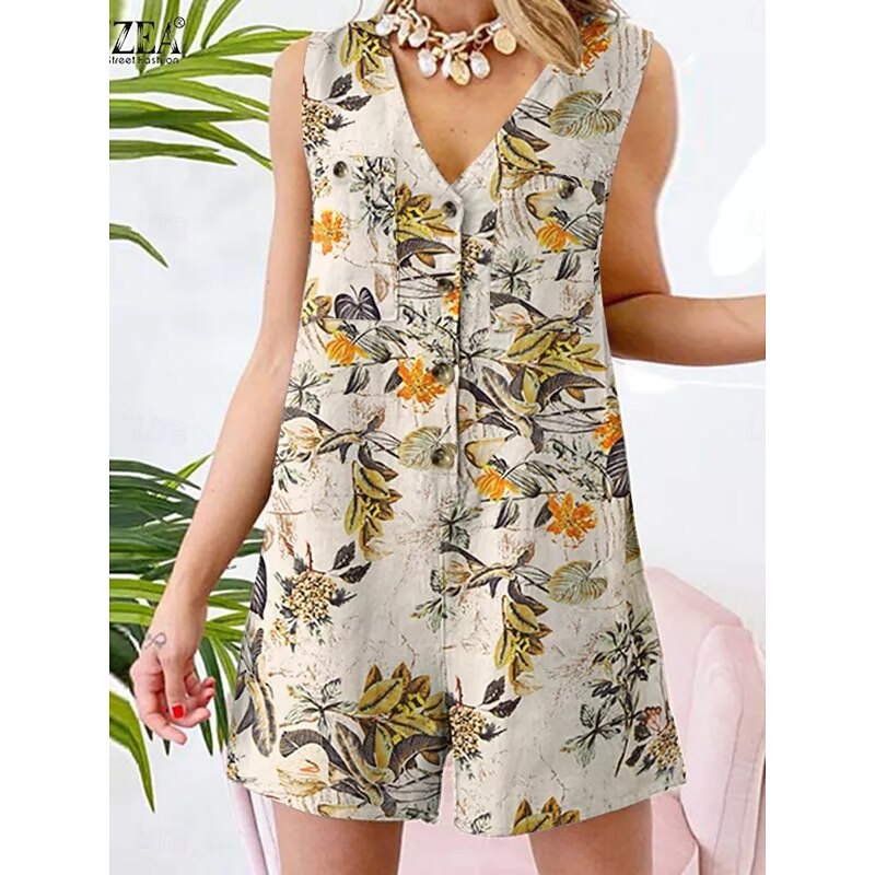 Women's Normal Romper Active Floral Sleeveless V Neck Buttons High Waist Vacation Daily Regular Fit Yellow Red Navy Blue Summer4