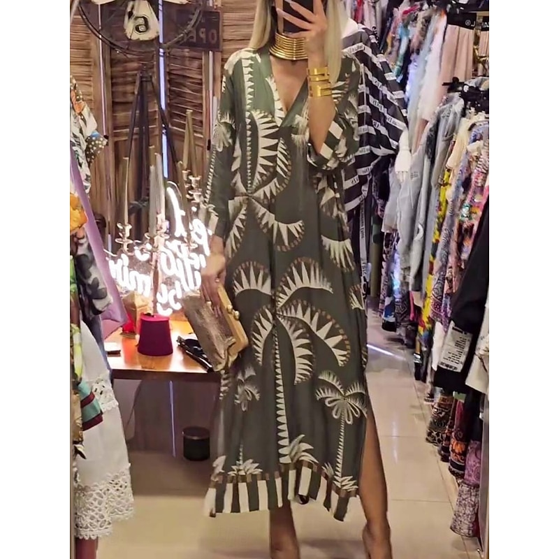 Women's Midi Dress Casual Dress A Line Dress Boho Dress Stylish Casual Vacation Daily Regular Fit Graphic 3/4 Length Sleeve V Neck Pink Khaki Army Green Summer4