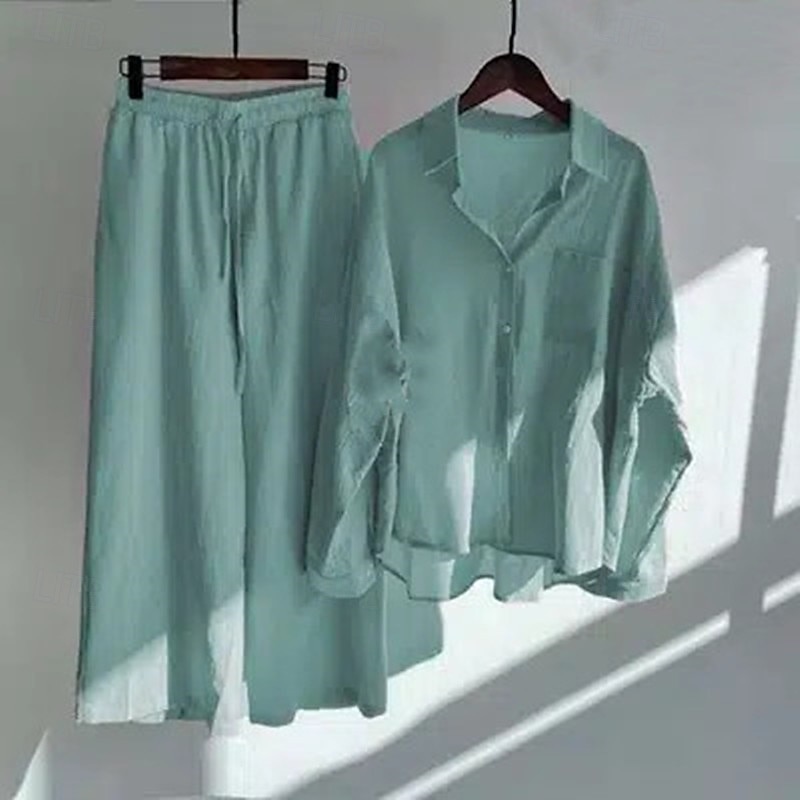 Women's Fashion Streetwear Shirt Cotton Linen Sets Two Piece Sets Linen Pants Pants Trousers Long Sleeve Shirt Collar Solid Color Drawstring Daily Wear Date Light Green Pink Brown Spring Regular Fit