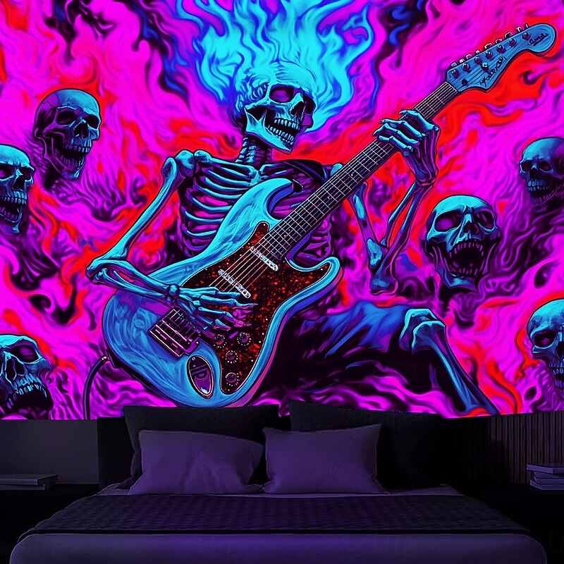 Halloween Blacklight Tapestry Glow in the Dark Glow Party UV Reactive Trippy Misty Guitar Skull Hanging Tapestry Wall Art Mural for Living Room Bedroom