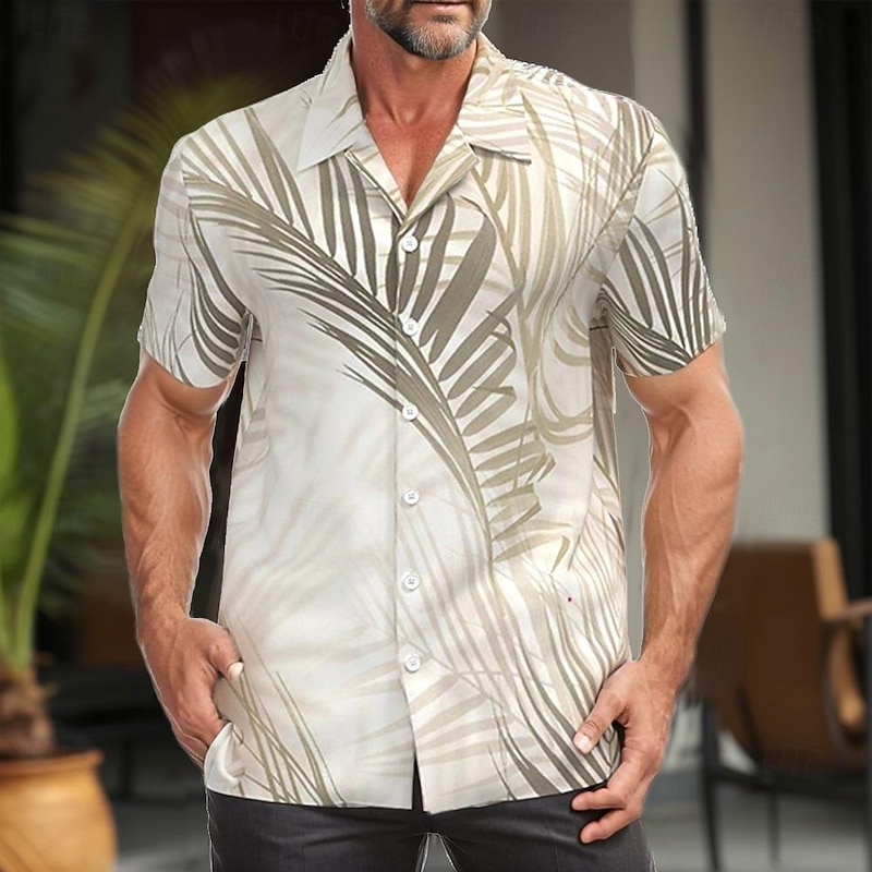 Men's Palm Leaf Tropical Plants Summer Hawaiian Shirt Camp Collar Shirt Aloha Shirt Short Sleeve Hawaiian Resort Vacation Holiday Beach Wear Summer Spring Cuban Collar Button Up 3D Print Beige