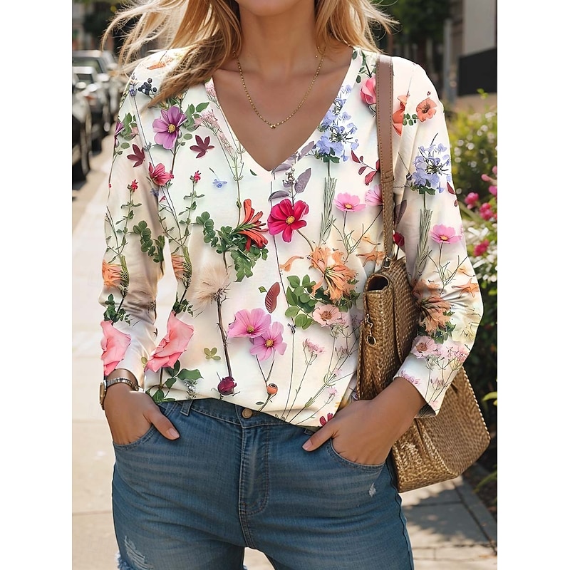 Women's T Shirt V Neck Long Sleeve Tunic Fashion Modern Casual Regular Tops Daily Weekend Print Pearl Wine Blue Purple Green Fall Winter