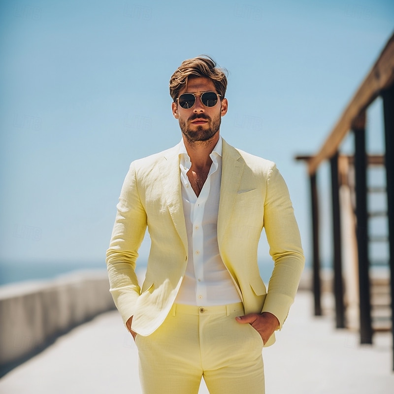 Men's Beach Wedding Linen Suits Pink Sky Blue Solid Colored Standard Fit 2 Piece Single Breasted One-button2