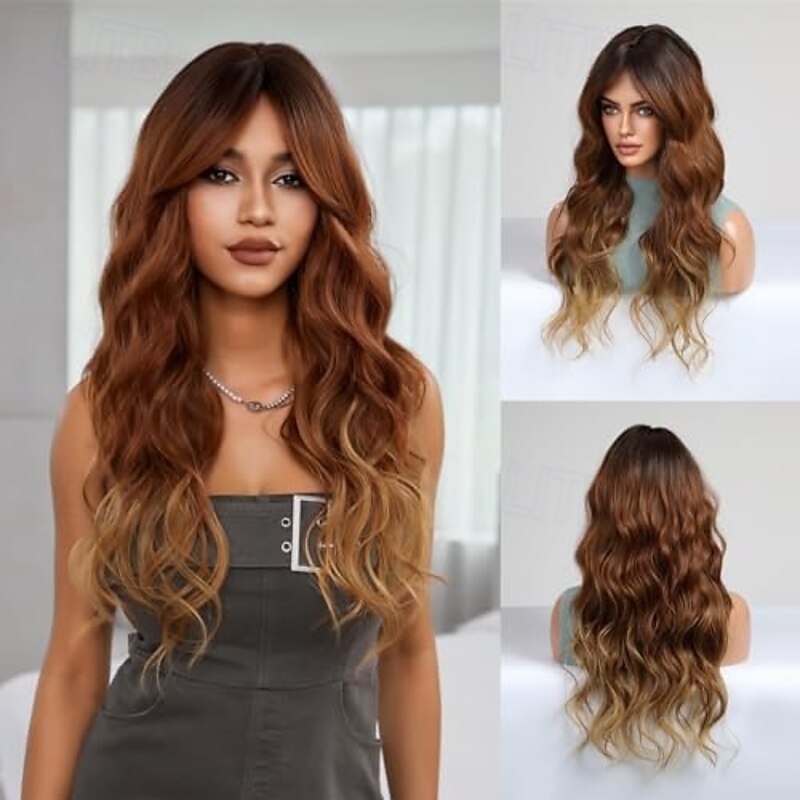 Wavy Wig With Bangs For Women Highlight Wig Natural Looking Heat Resistant Premium Fiber Synthetic Wig For Daily Party Cosplay Costume2