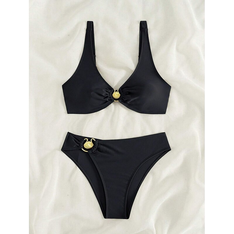 Women's Swimwear Bikini 2 Piece Swimsuit Backless Tummy Control High Waist Vacation Beach Wear Solid Color V Neck Sleeveless Bathing Suits4