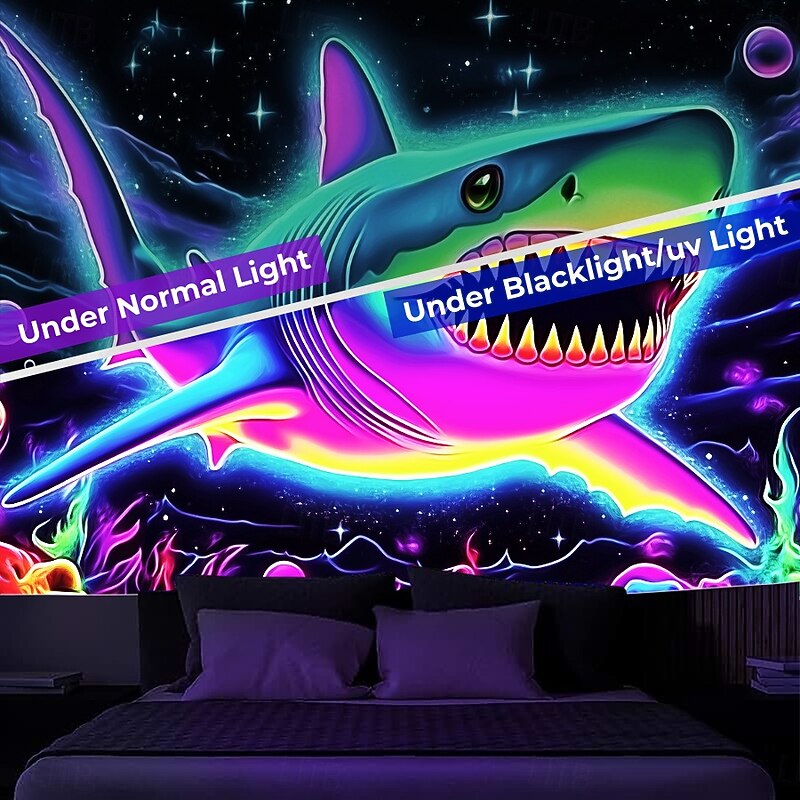 Blacklight Tapestry Glow in the Dark Glow Party UV Reactive Animal Shark Trippy Misty Nature Landscape Hanging Tapestry Wall Art Mural for Living Room Bedroom2