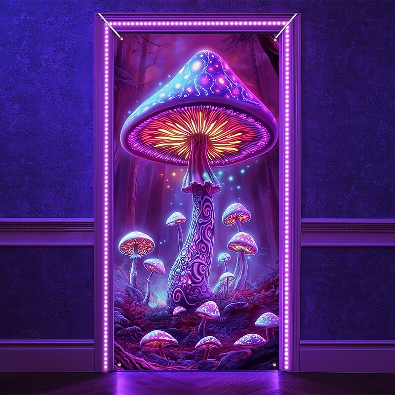Blacklight Door Decorations Door Covers Glow in the Dark Landscape Mushroom Door Tapestry Door Curtain Decoration Backdrop Indoor/Outdoor Door Banner for Front Door Farmhouse3