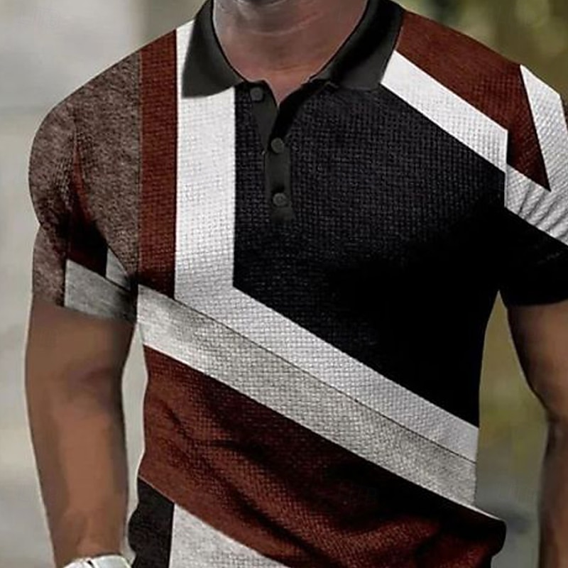 Men's Geometic Line Waffle Polo Shirts Short Sleeve Polo Shirts Collared Shirts Business Casual Business Athleisure Wear to work Daily Wear Buttons 3D Print Summer Black2
