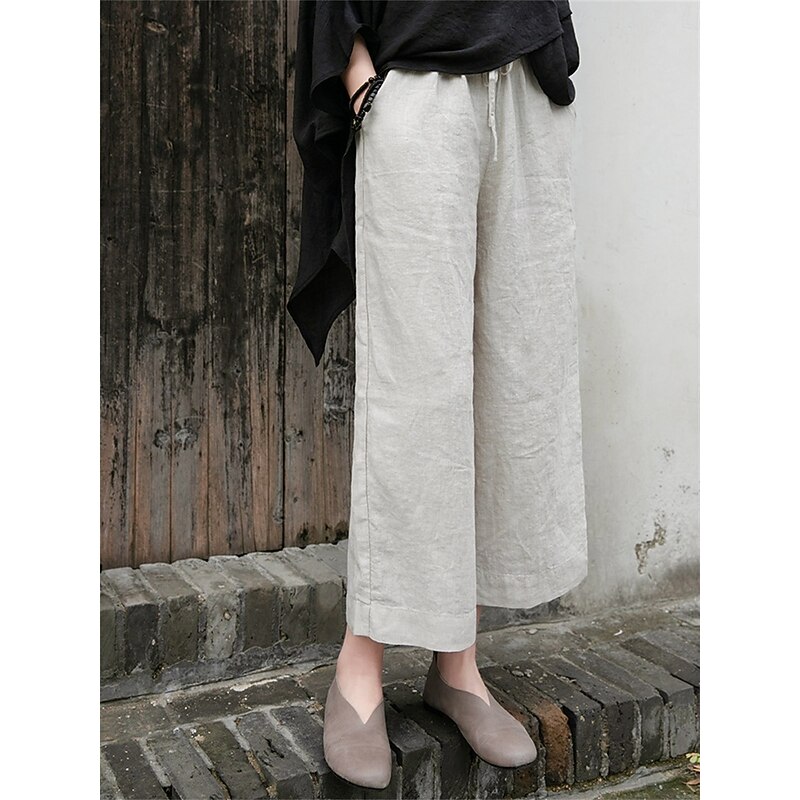 Women's Cotton Linen Shorts Linen-Inspired Pants Cotton Linen Pants Fashion Streetwear Basic Ankle-Length Medium Waist Plain Pocket Drawstring Comfort Outdoor Micro-elastic Vacation Street Daily rice