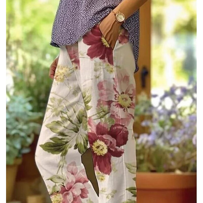 Women's Cotton Linen Pants Baggy Pants Linen Like Fashion Streetwear Full Length High Waist Floral Graphic Printing Thermal Warm Breathable Soft Micro-elastic Outdoor Daily off-white Fall Winter2