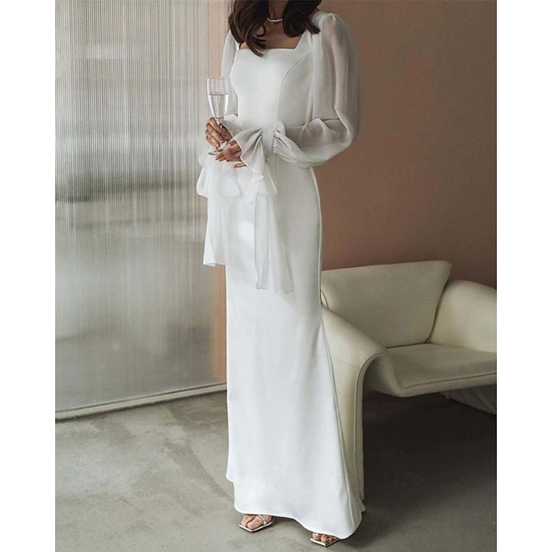 Reception Little White Dresses Wedding Dresses Sheath / Column Square Neck Long Sleeve Floor Length Chiffon Bridal Gowns With Bow(s) Solid Color3