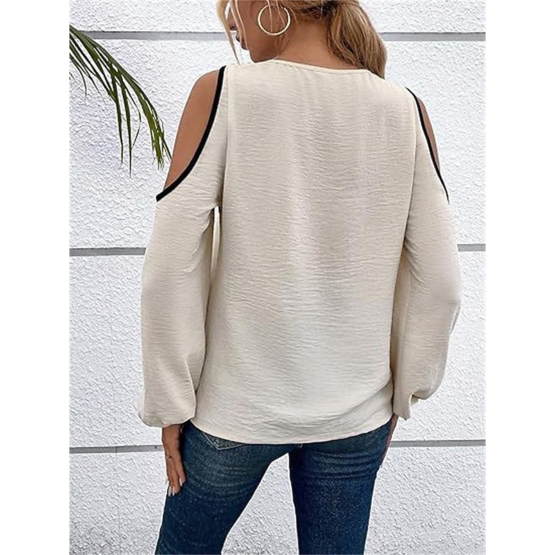 Women's Shirt Blouse Color Block Elegant Daily Stylish Long Sleeve Lantern Sleeve U Neck Regular Tops Work Daily Holiday Patchwork Wine Blue Beige Spring Fall2