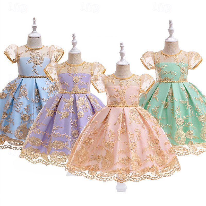Kids Girls' Dress Flower Short Sleeve Outdoor Casual Sequins Fashion Sweet Polyester Midi Casual Dress A Line Dress Tulle Dress Summer Spring 4 years+ Champagne Pink Purple