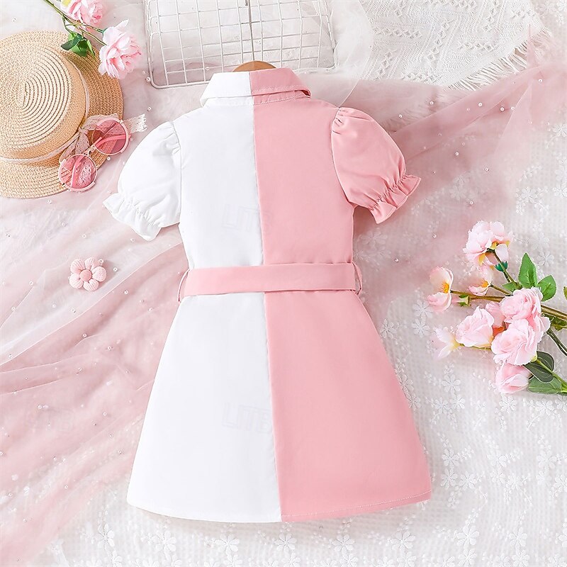 Kids Girls' Dress Color Block Short Sleeve Outdoor Casual Tie Knot Puff Sleeve Fashion Adorable Polyester Knee-length Casual Dress A Line Dress Summer Spring 4 years+ Pink2