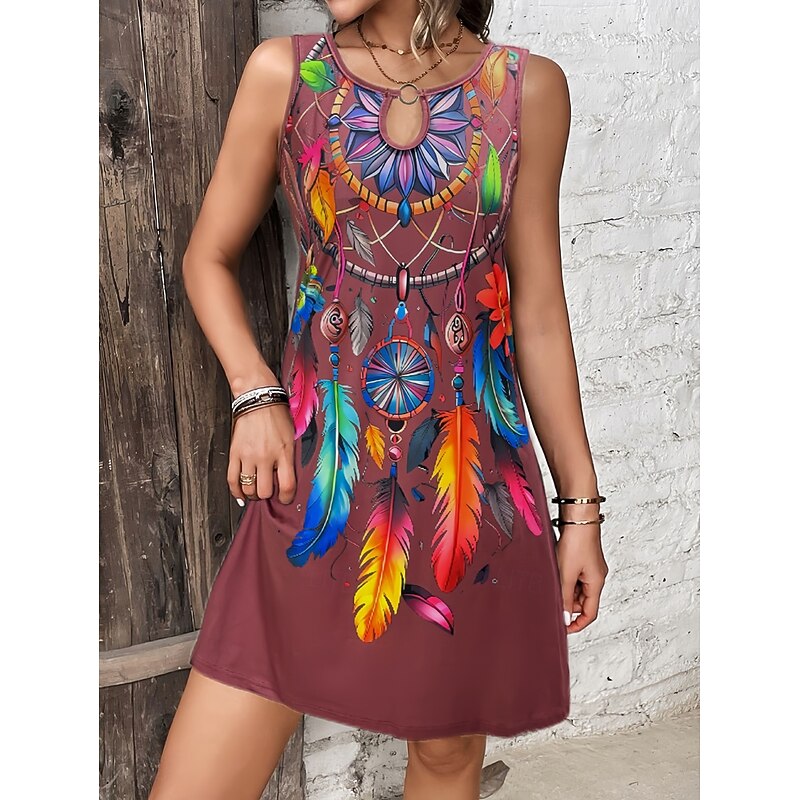 Women's Mini Dress Casual Dress Tank Dress Boho Dress Bohemia Vacation Vintage Vacation Daily Regular Fit Feather Sleeveless Crew Neck Black Purple Summer4