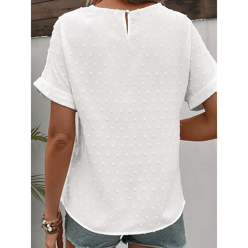 Women's Shirt Blouse Solid Color Elegant Stylish Basic Short Sleeve Crew Neck Regular Tops Daily Lace Embroidered White Summer Spring3