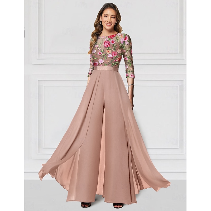 FloralJumpsuits Embroidered Formal Column Mother of the Bride Wedding Elegant Illusion Neck Floor Length Chiffon 3/4 Length Sleeve with Solid Color  Race Day Dress2